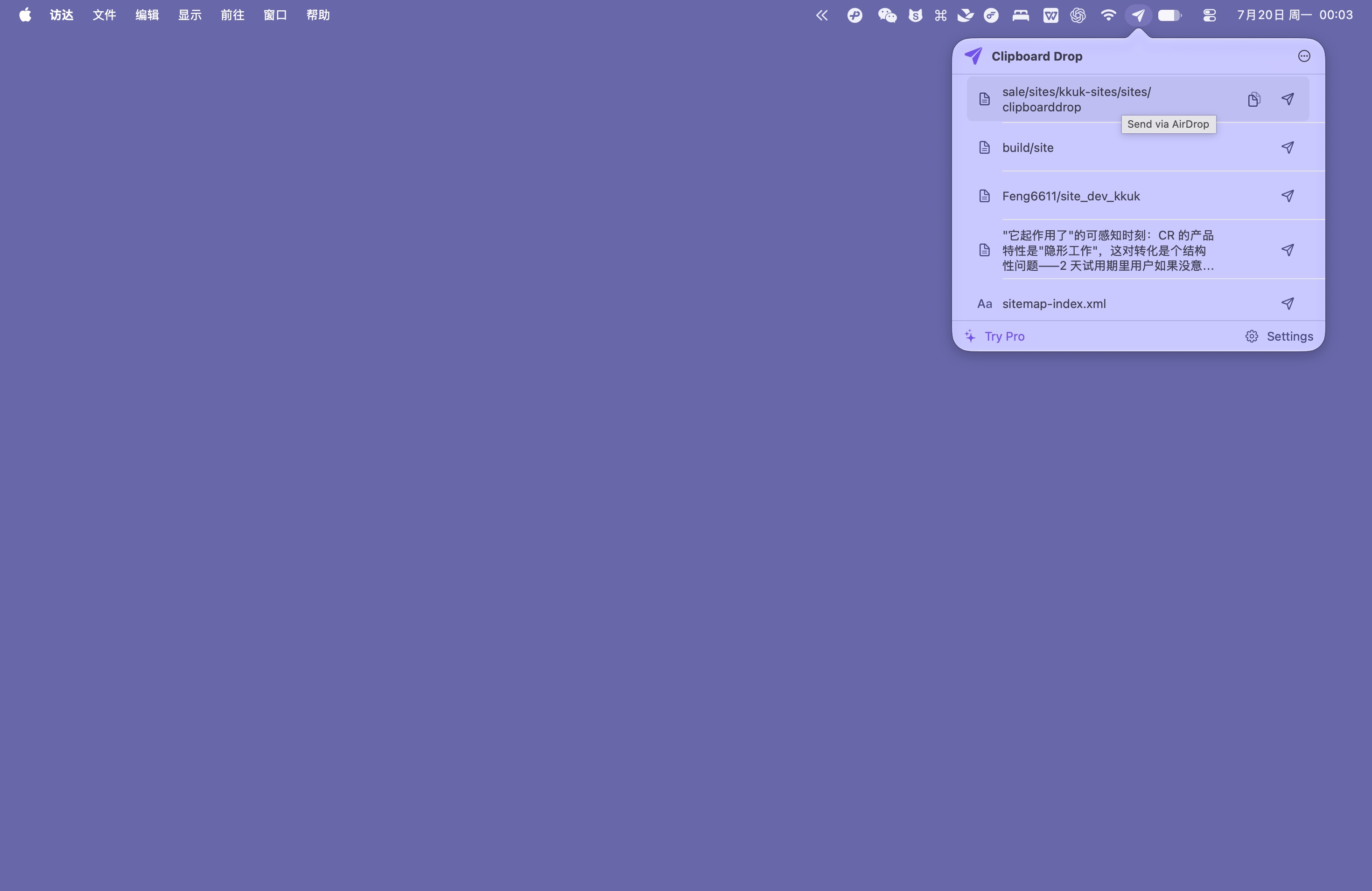 Clipboard Drop menu bar app with copied text ready to send through AirDrop